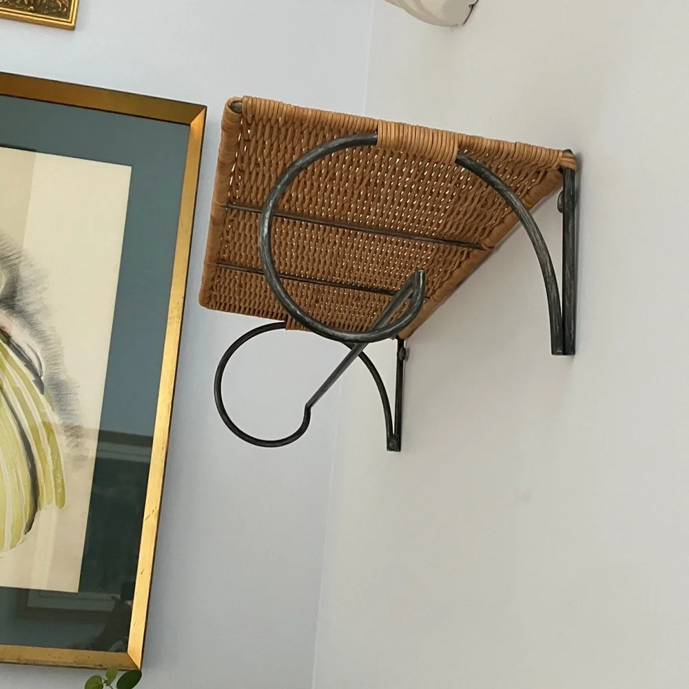 Wrought Iron and Wicker Wall Shelf With Hanging Bar, Ready To Hang